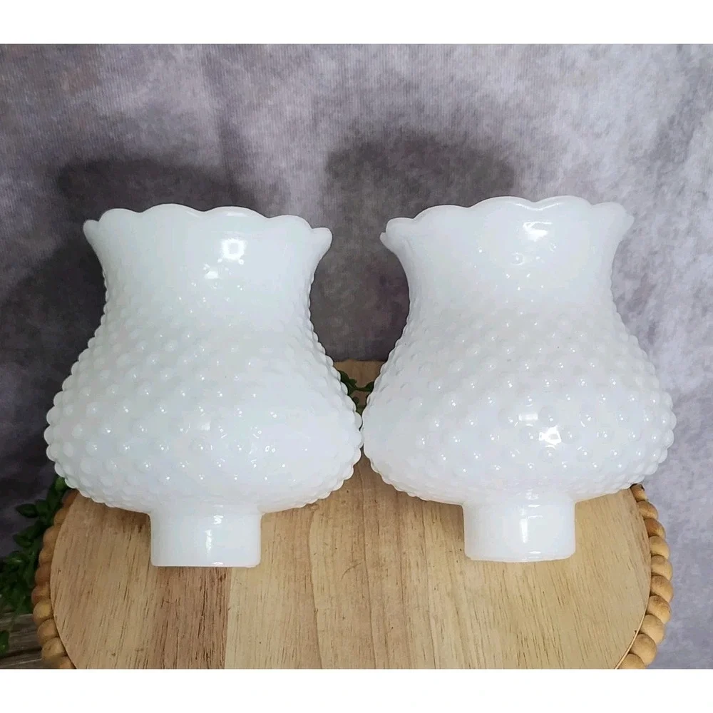 Vintage Hobnail Milk Glass Hurricane Shade Set White Scalloped Ruffle Rim 2 pc